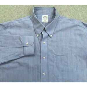 Brooks Brothers Shirt Mens 17 - 35 Blue Plaid 100% Cotton Slim Fit Button Down